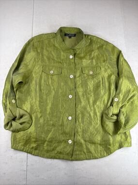 Linear Lime Green Metallic Crinkle Shirt Jacket Womens 2X Utility Crop Blouse